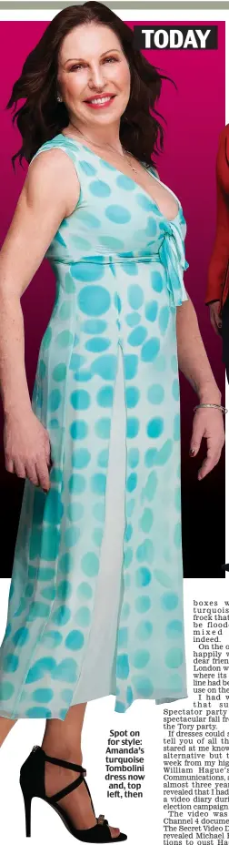  ??  ?? Spot on for style: Amanda’s turquoise Tombolini dress now and, top left, then TODAY