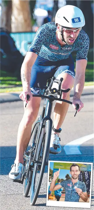  ?? Picture: SHAE BEPLATE ?? TUNE-UP VICTORY: Townsville Tri Fest 2019 Olympic Distance winner David Mainwaring tears away on his bike leg; ( inset), Mainwaring after crossing the finish line.