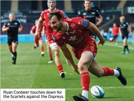  ?? ?? Ryan Conbeer touches down for the Scarlets against the Ospreys.