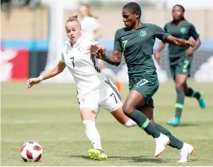  ?? Photo: AFP ?? Nigeria’s Chidinma Okeke (R) vies for the ball with Germany’s Giulia Gwinn during the Women’s U-20 World Cup Group D match at the Marville stadium in Saint-Malo in France, yesterday