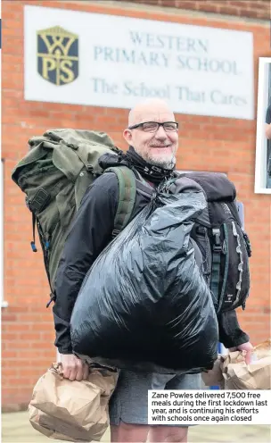  ??  ?? Zane Powles delivered 7,500 free meals during the first lockdown last year, and is continuing his efforts with schools once again closed