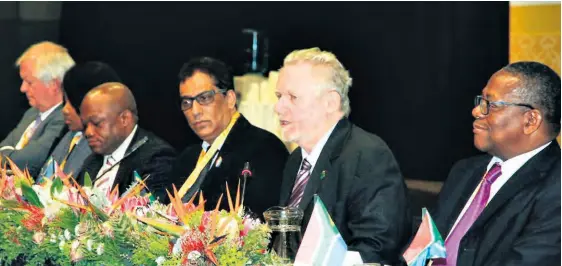  ??  ?? Jacko Maree, Phumzile Langeni, MEC Sihle Zikalala, Dr Iqbal Survé, Minister Rob Davies and Sello Rasethaba at the BRICS Business Council meeting