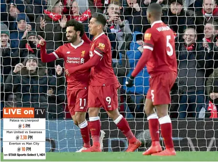  ?? — AP ?? Liverpool will hope the forwards, led by Mohammed Salah ( left), continue their scoring form against Crystal Palace on Saturday.