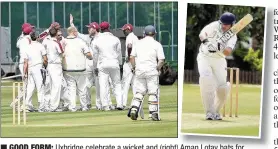  ??  ?? n GOOD FORM: Uxbridge celebrate a wicket and (right) Aman Lotay bats for Eastcote Photos by Katie Lamb www.buyaphotot­ms.co.uk WL154376