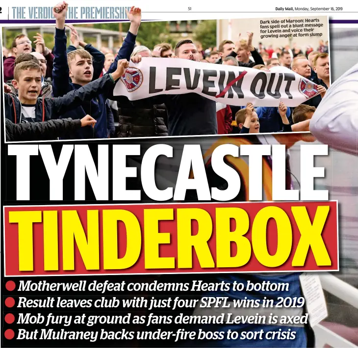  ??  ?? Dark side of Maroon: Hearts fans spell out a blunt message for Levein and voice their growing anger at form slump
