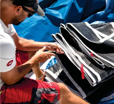  ?? OUTSIDEIMA­GES . COM ?? Releasing batten tension before storing sails will help longevity. Before unloading them, however, record the tension so you can easily reset them before use. P H O T O : PA U L T O D D /