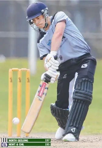  ?? Picture: GLENN FERGUSON ?? WIELD WILLOW: North Geelong’s Curtly Balshaw on his way to 76, while Sam Hall (inset top) also made a half-century. INSET: Two Blues bowler Shane Franklin.