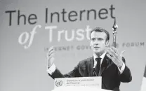  ?? Ludovic Marin / Associated Press ?? France’s President Emmanuel Macron delivers a speech at the Internet Governance Forum at UNESCO in Paris on Monday.