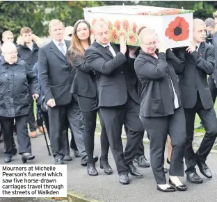  ??  ?? Mourners at Michelle Pearson’s funeral which saw five horse-drawn carriages travel through the streets of Walkden