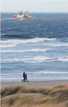  ?? FOTOS: BERND F. MEIER/DPA ?? Schwere See: Spaziergän­ger genießen den Wind und die Brandung am Strand von Vlieland.