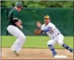  ?? BOB RAINES — DIGITAL FIRST MEDIA ?? Nor-Gwyn’s Michael Knipe beats the pick off throw to Ambler shortstop Brett Reynolds earlier in the playoffs.