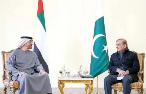  ?? WAM ?? ↑ Sheikh Mohamed Bin Zayed and Shahbaz Sharif hold talks on Wednesday.