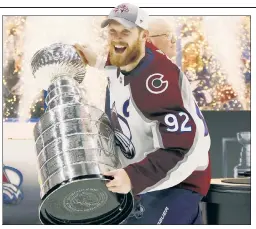  ?? ?? ALL MINE! Avalanche captain Gabriel Landeskog celebrates with the Stanley Cup after Colorado beat the two-time defending champion Lightning 2-1 in Game 6 of the final on Sunday.