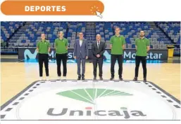  ?? ?? De izquierda a derecha: Salomé Garcia, Verónica Matoso (Unicaja Femenino), Joaquín Segovia ( Dtor. T.Sur Telefónica España), Antonio López Nieto (Presidente Unicaja Baloncesto), Tim Abromaitis y Francis Alonso (Unicaja) .