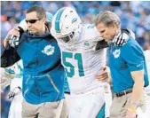  ?? JIM RASSOL/STAFF FILE PHOTO ?? Mike Pouncey, here leaving a game in 2015, is trying to come back from a hip injury that forced him out of most of last season.