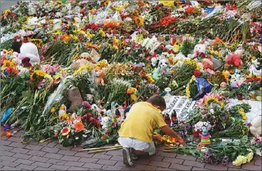  ??  ?? 追悼馬航不幸慘劇，圖為烏克蘭民眾連日致­贈鮮花和玩具到基輔的­荷蘭駐烏克蘭大使館，在使館前面聚成花海。 (歐新社)