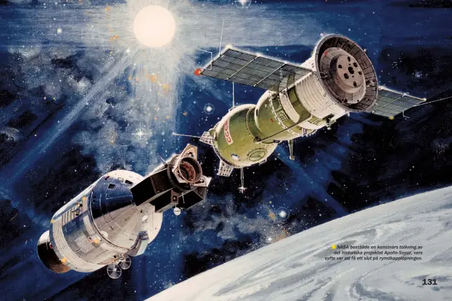  ??  ??      NASA beställde en konstnärs tolkning av det historiska projektet Apollo-Soyuz, vars syfte var att få ett slut på rymdkapplö­pningen.