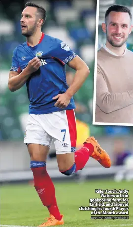  ?? JONATHAN PORTER / PRESS EYE ?? Killer touch: Andy
Waterworth in goalscorin­g form for Linfield, and (above) clutching his fourth Player
of the Month award