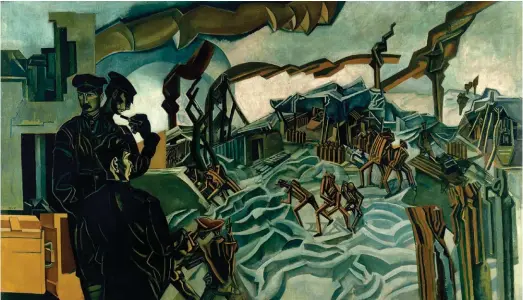  ??  ?? Top: ‘A Battery Shelled’, 1919, oil on canvas. Left: ‘The Crowd’, 1915, oil on canvas. Below: T S Eliot, 1938, oil on canvas