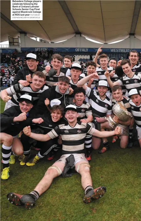  ?? PICTURE BY STEPHEN MCCARTHY/SPORTSFILE ?? Belvedere College players celebrate following the Bank of Ireland Leinster Schools Senior Cup Final against Blackrock College at RDS last year