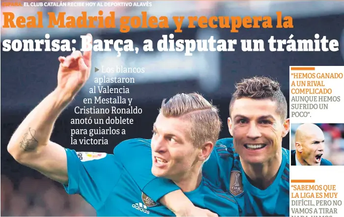  ??  ?? ESTRELLAS. Así celebran Cristiano Ronaldo y Toni Kroos luego que el alemán anotara el cuarto y definitivo gol frente al Valencia.