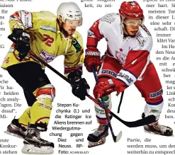  ?? ACHIM BLAZY ?? Stepan Kuchynka (l.) und die Ratinger Ice Aliens brennen auf Wiedergutm­achung gegen Diez und Neuss. RPFoto: