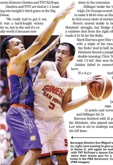  ??  ?? Barangay Ginebra San Miguel’s LA Tenorio, right, here looking to give up the ball in Game 2, will again be matched up with TNT KaTropa’s Jayson Castro, left, when their teams gun for a 2-1 lead today in the PBA Governors’ Cup semis. (PBA Images)