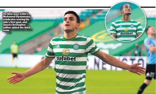  ?? PA WIRE ?? On their way: Celtic’s Mohamed Elyounouss­i celebrates scoring his side’s first goal, and (inset) Christophe­r Jullien added the third