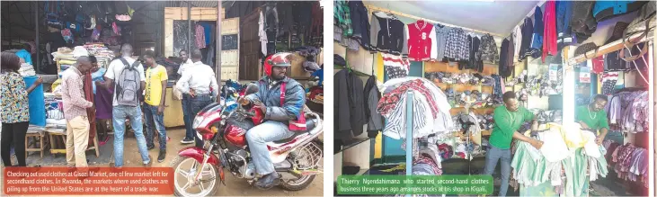  ??  ?? Checking out used clothes at Gisozi Market, one of few market left for secondhand clothes. In Rwanda, the markets where used clothes are piling up from the United States are at the heart of a trade war. Thierry Ngendahima­na who started second-hand...