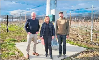  ?? ?? Forest Lodge Orchard owner Mike Casey (right) with GSI Partners Christchur­ch director Sean Lysaght, Vero executive manager of rural insurance solutions Sonya Whitney.