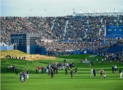  ?? — AFP ?? A sight to behold: The grandstand at the opening tee of Le Golf National can hold 6,928 spectators during the Ryder Cup Europe vs America golf tournament.