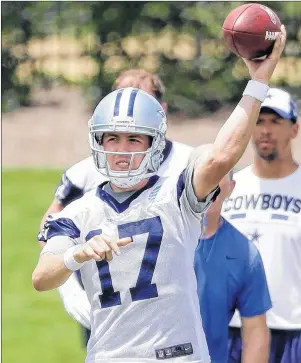  ?? AP PHOTO ?? In a June 13 file photo, Dallas Cowboys quarterbac­k Kellen Moore throws a pass during an NFL practice at the team’s training facility in Frisco, Texas.