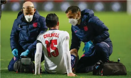  ?? Photograph: Bruno Fahy/PA Images/ Belga ?? Ben Chilwell was the latest England player to pick up an injury during Sunday’s defeat in Belgium.