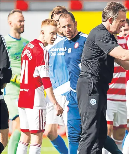  ?? Pictures: SNS. ?? Above: players and officials try to calm the situation after the bust-up at Hamilton between St Johnstone team-mates Danny Swanson and Richard Foster. Right: Foster and Swanson watch the game against Inverness from the stand. Left: Foster said embarrassm­ent was his strongest emotion in the aftermath of the on-pitch rammy.