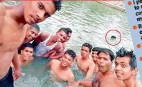  ??  ?? SEPT. 26, 2017: A 17-year-old student drowns (circled) in a pond near Karnataka's Kanakapura, while his unmindful friends are busy taking a group selfie.