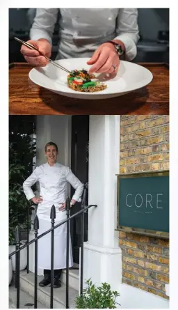  ??  ?? Clockwise from left: Highland wagyu beef and Porthilly oysters; a dish being plated up for service; Chef Clare Smyth outside her restaurant, Core, in London’s Notting Hill.