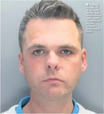  ??  ?? Graham Wragg, 37, of no fixed abode, was sentenced to eight years in prison for armed robbery involving a knife