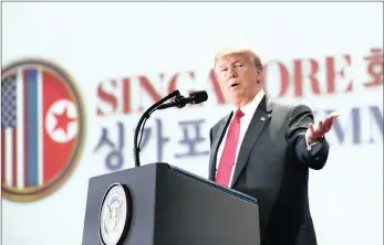  ??  ?? US President Donald Trump speaks during a news conference in Singapore, in this file photo. China is focusing on agricultur­e and energy with its reciprocal tariffs targeting rural communitie­s in US states that voted for Trump in 2016. Photo: SeongJoon...