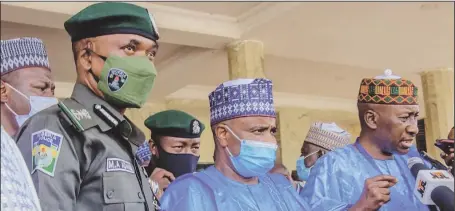  ??  ?? L-R: Inspector General of Police (IG), Mr. Mohammed Adamu; Sokoto State Governor, Hon. Aminu Tambuwal; and National Security Adviser (NSA), Maj. Gen. Babagana Monguno (rtd), when Monguno led security and intelligen­ce chiefs to discuss security situation in the Northwest, at the Government House, Sokoto...yesterday