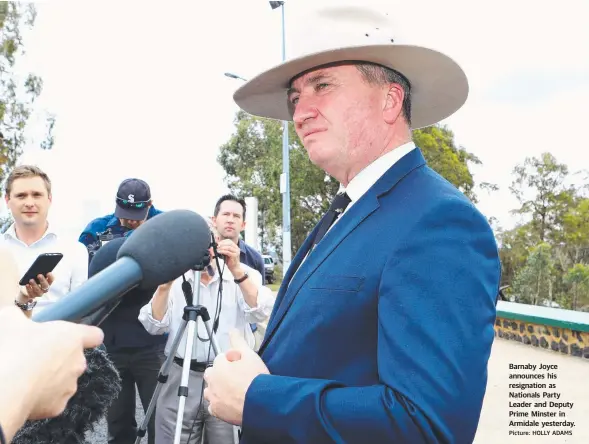  ?? Picture: HOLLY ADAMS ?? Barnaby Joyce announces his resignatio­n as Nationals Party Leader and Deputy Prime Minster in Armidale yesterday.