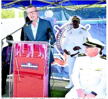  ??  ?? Michael Bayley, president and CEO of RCI, addresses the company of cadets after their presentati­on during a special ceremony to welcome him and his team.