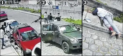  ?? Fotos: Capturas de video y cortesía ?? 1. René Meneses fue intercepta­do por tres sujetos armados, uno de ellos con un fusil. 2. Al negarse a subir, a la fuerza, a esta camioneta, los tipos lo acorralaro­n y lo asesinaron. 3. Alias Makanaky quedó tendido en la vereda.