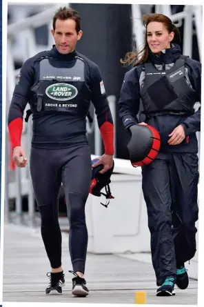  ?? Picture: TIM ROOKE/REX/SHUTTERSTO­CK ?? Royal approval: Sir Ben Ainslie shows the Duchess of Cambridge the ropes in their sailing gear in Portsmouth in 2016