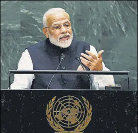  ?? REUTERS ?? Prime Minister Narendra Modi addresses the United Nations General Assembly (UNGA) in New York on Friday.