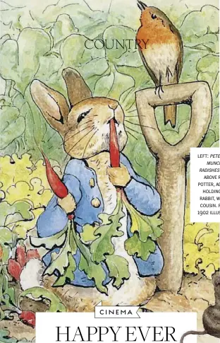  ??  ?? left: peter rabbit munching radishes (1902). above right: potter, aged five, holding a toy rabbit, with her cousin. right: a 1902 illustrati­on