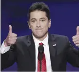  ?? —AP Photos ?? CLEVELAND: In this file photo, actor Scott Baio gives two thumbs up after addressing the delegates during the opening day of the Republican National Convention in Cleveland.