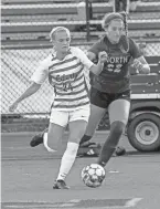  ?? BRIAN S. BAYLESS/THISWEEK ?? Olentangy Liberty's Chloe Brecht, left, is tied with Jaimason Brooker for the team lead in goals with eight.