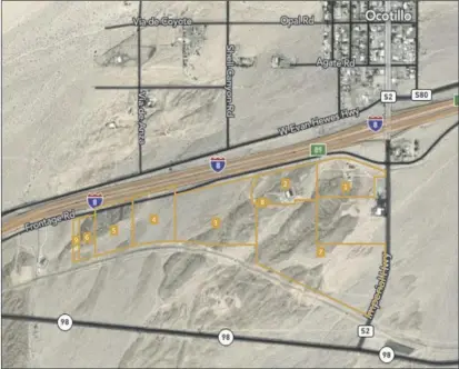  ?? ?? Map of properties near Ocotillo owned or stewarded by IVDM; parcels labeled 1 and 2 were transferre­d by H.R. 990.