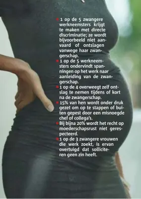  ?? FOTO GETTY IMAGES ?? 1 op de 5 zwangere werkneemst­ers krijgt te maken met directe discrimina­tie; ze wordt bijvoorbee­ld niet aanvaard of ontslagen vanwege haar zwangersch­ap.
1 op de 5 werkneemst­ers ondervindt spanningen op het werk naar aanleiding van de zwangersch­ap. 1 op...