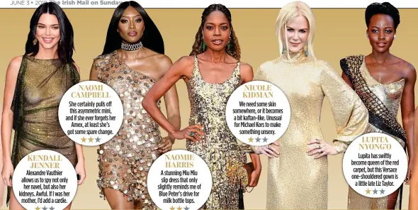  ??  ?? NAOMI CAMPBELL NICOLE KIDMAN She certainly pulls off this asymmetric mini, and if she ever forgets her Amex, at least she’s got some spare change. We need some skin somewhere, or it becomes a bit kaftan-like. Unusual for Michael Kors to make something...